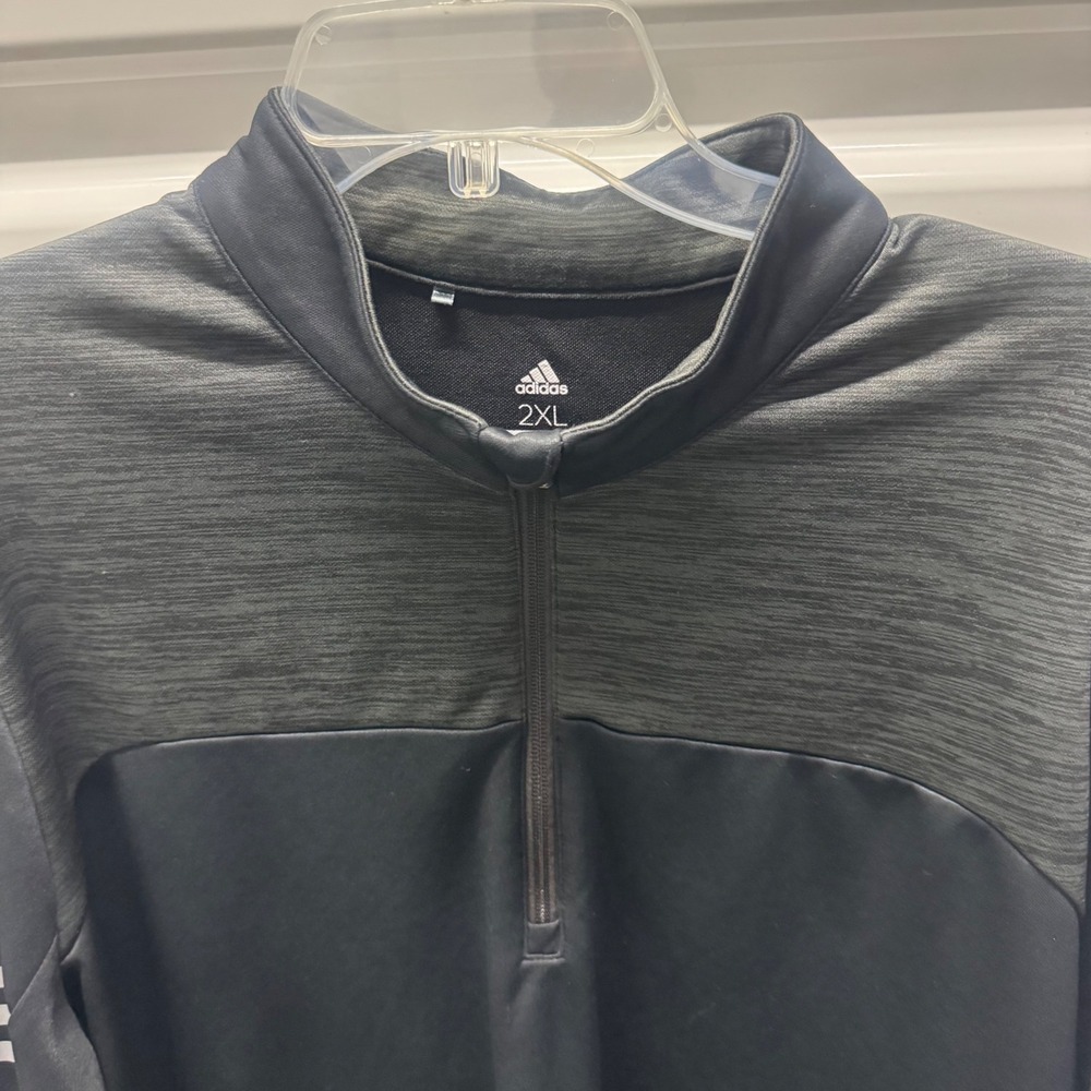 Adidas Golf Mens 2XL Quarter Zip Pullover Black Heathered Grey 3-Stripe Sweater